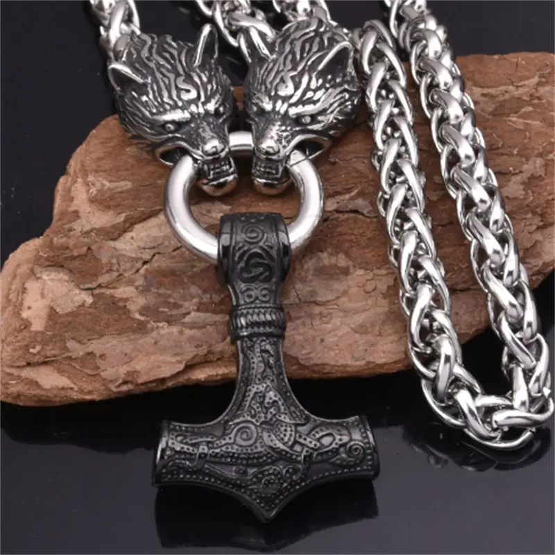 Men's Vintage Nordic Zinc Alloy Viking Wolf Head And Hammer Pendant Necklace