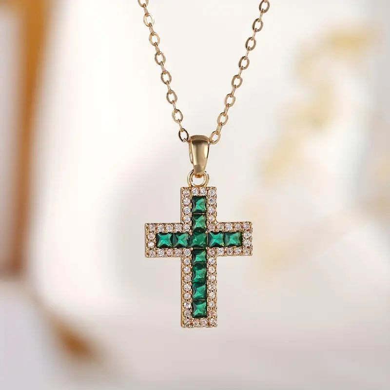 Solene Emerald Cross Pendant Gold Necklace