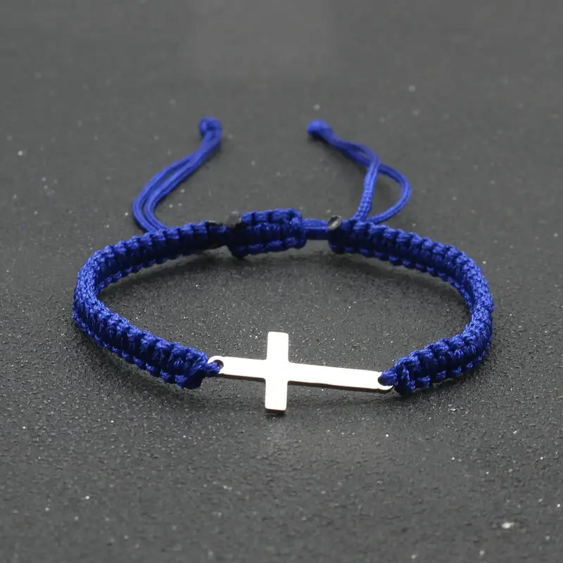 Handwoven Cross Bracelet With Silver Threads Charms
