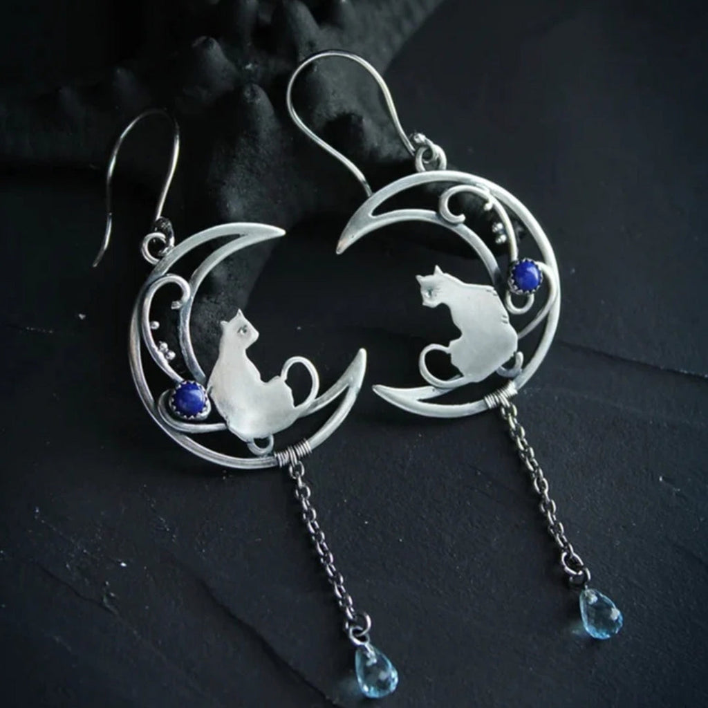 Blue Zirconia Cat Boho Earrings in Silver