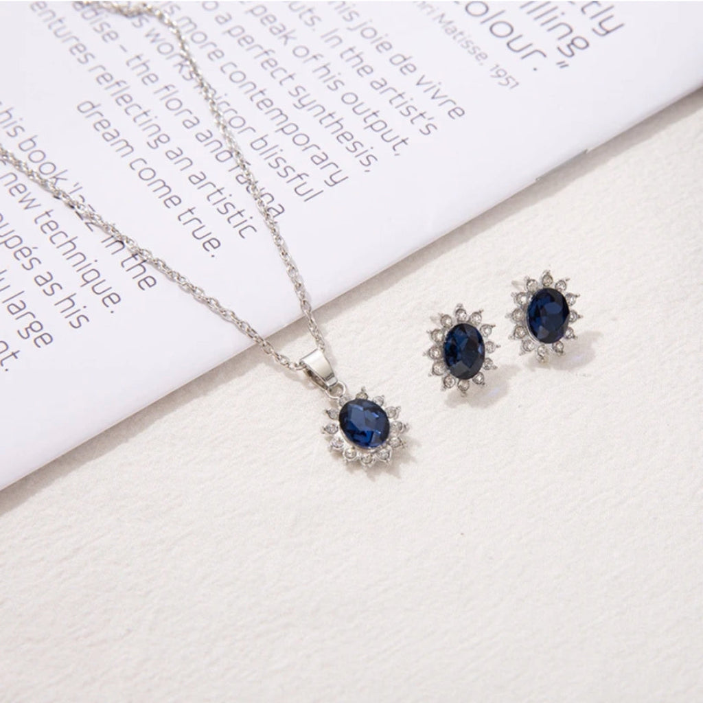 Dazzling Silver Necklace and Earring Set with Sapphire and Zircon