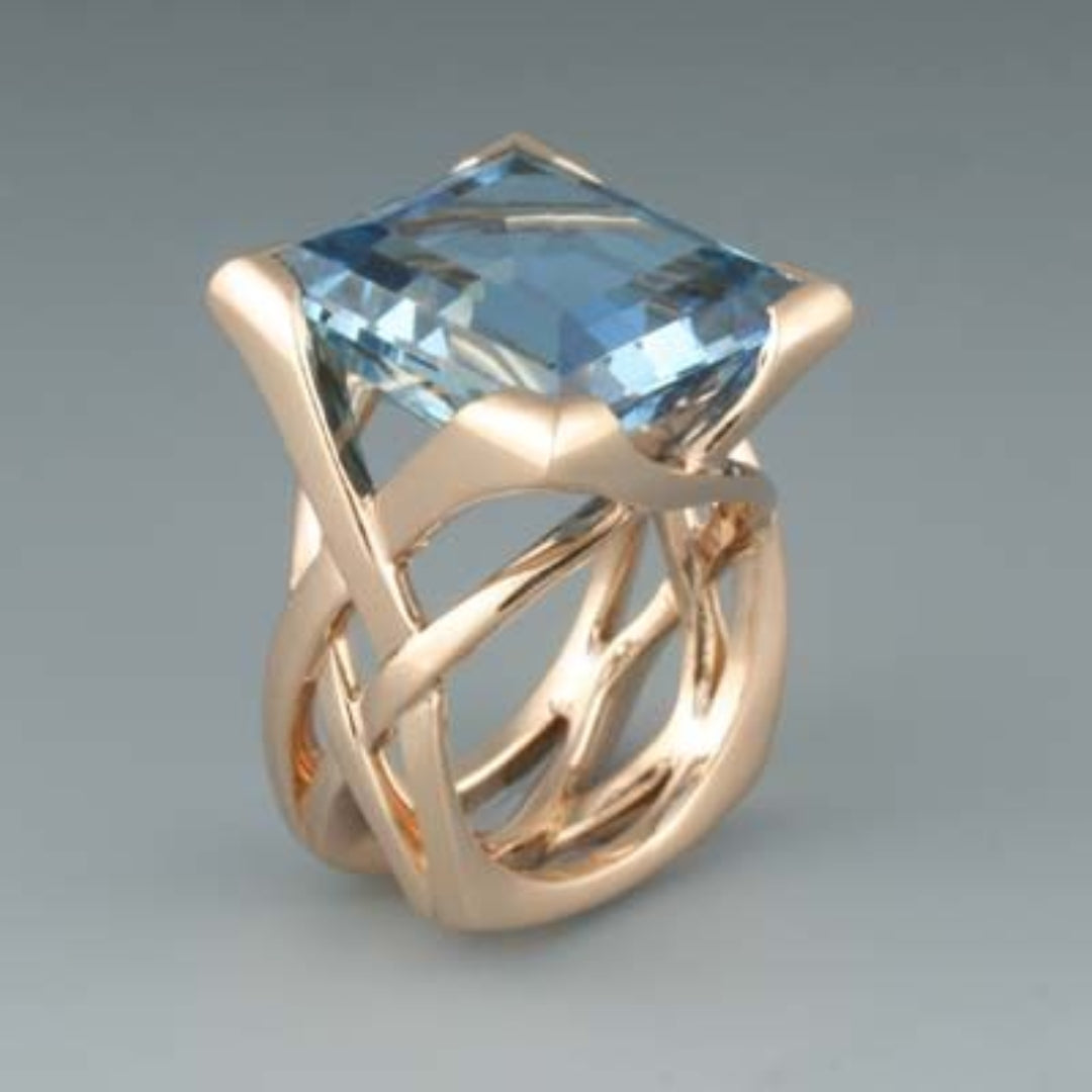 Vintage Rose Gold Ring with Blue Zircons