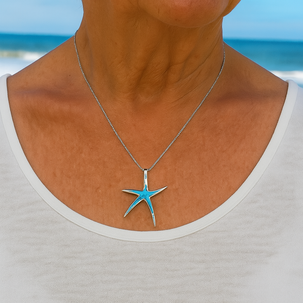 Blue Opal and Silver Starfish Necklace