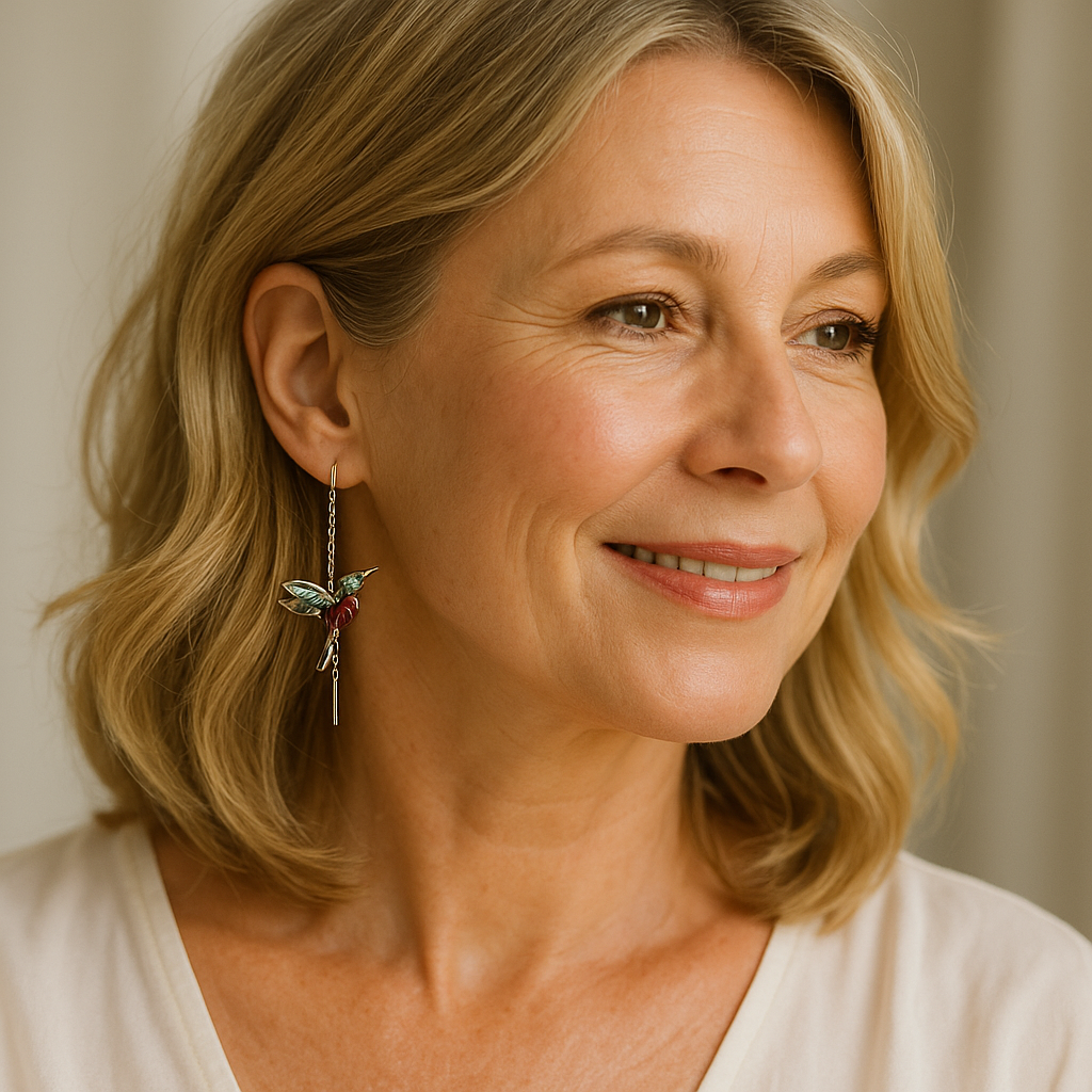 Earrings with Hummingbird Enamel and Zirconias