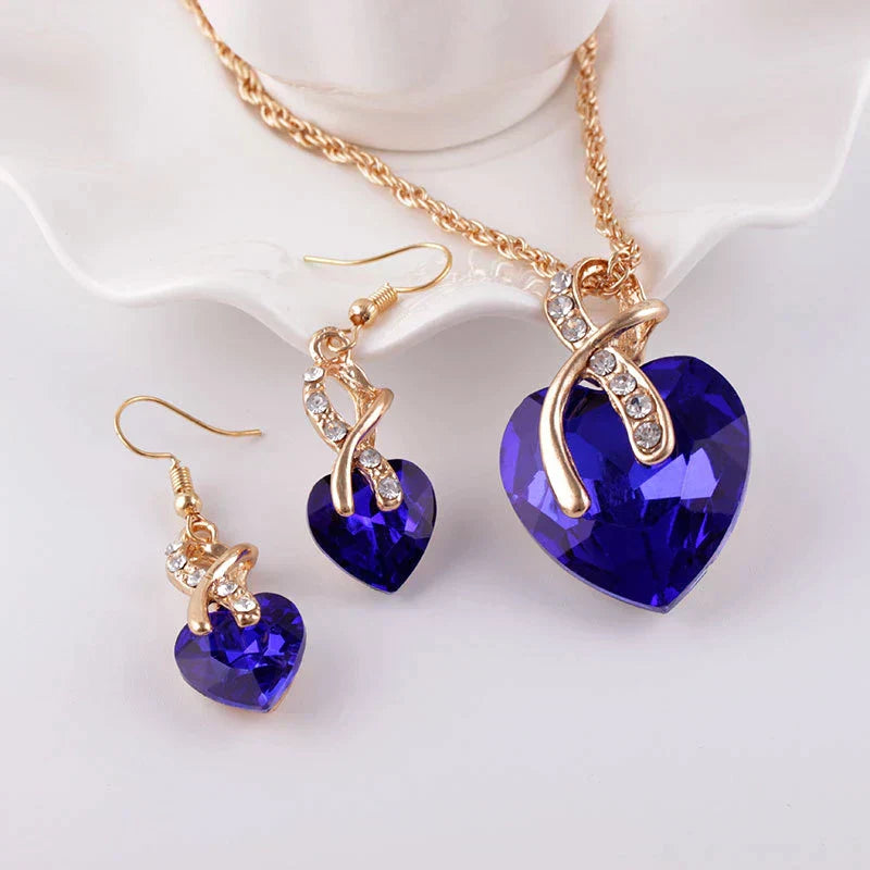 Elegant 18K Gold Love Necklace and Earring Set with Sparkling Blue Zircon