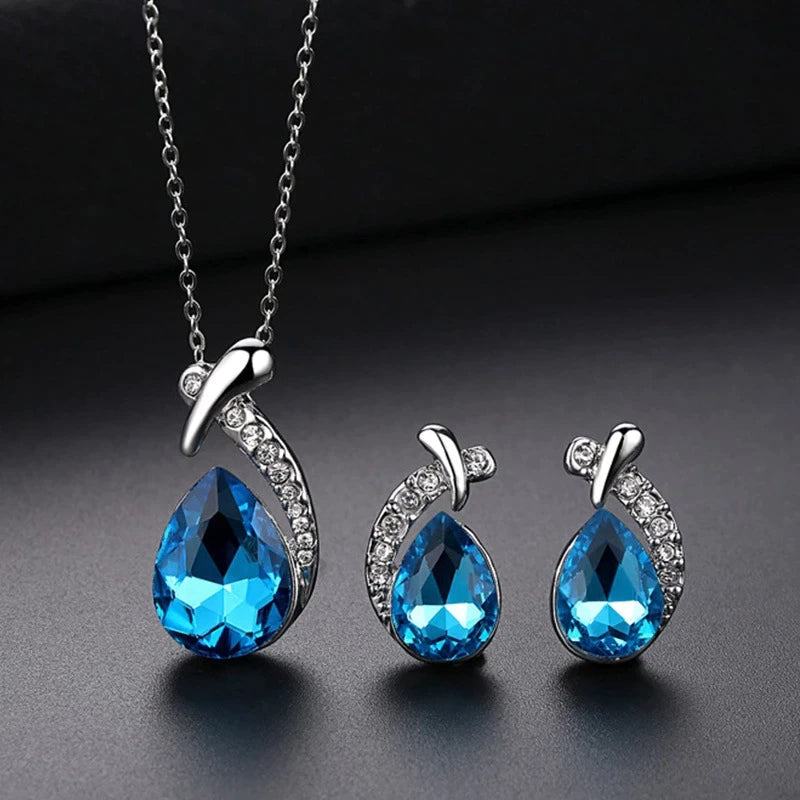 Elegant Sterling Silver Necklace and Earring Set with Blue Zirconium