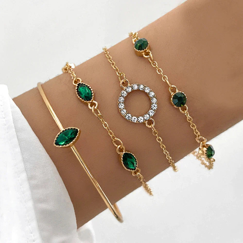 Sparkling Gold Bracelet Set with Shimmering Green Crystals