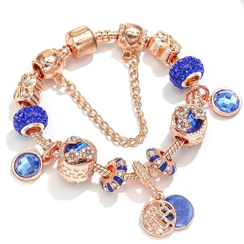Dazzling rose gold silver bracelet adorned with sparkling blue crystals