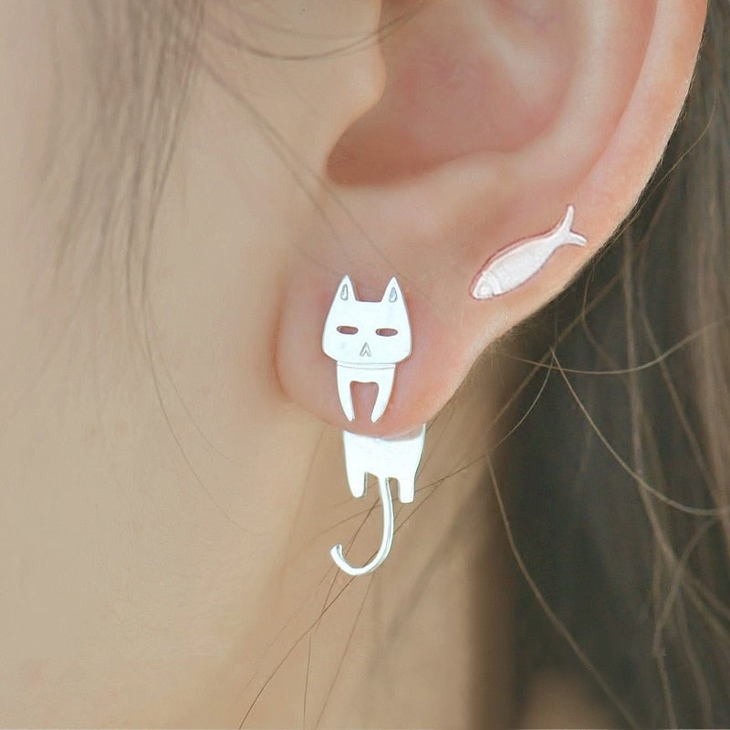 Climbing kitten silver earrings