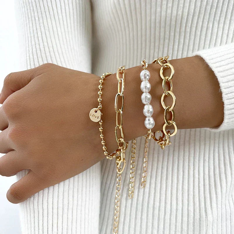 Elegant Gold and Pearl Bracelet Set