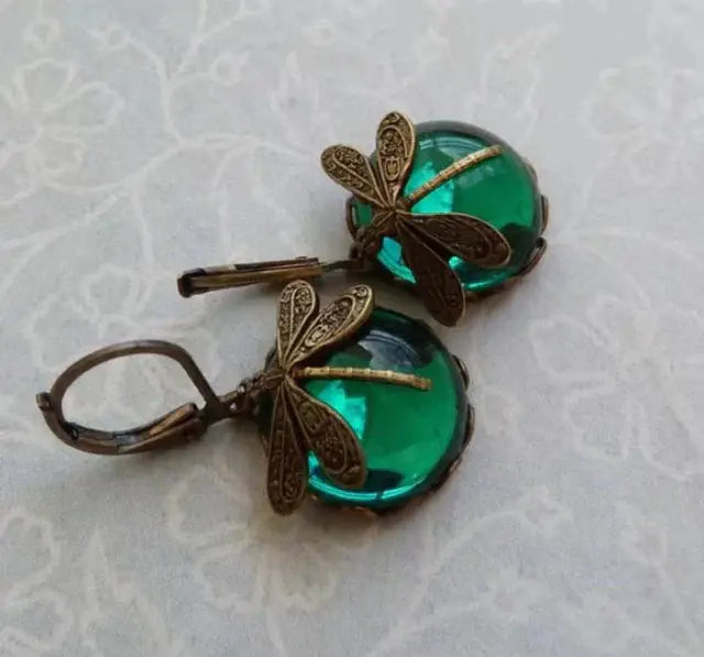 Spherical dragonfly earrings in antique gold
