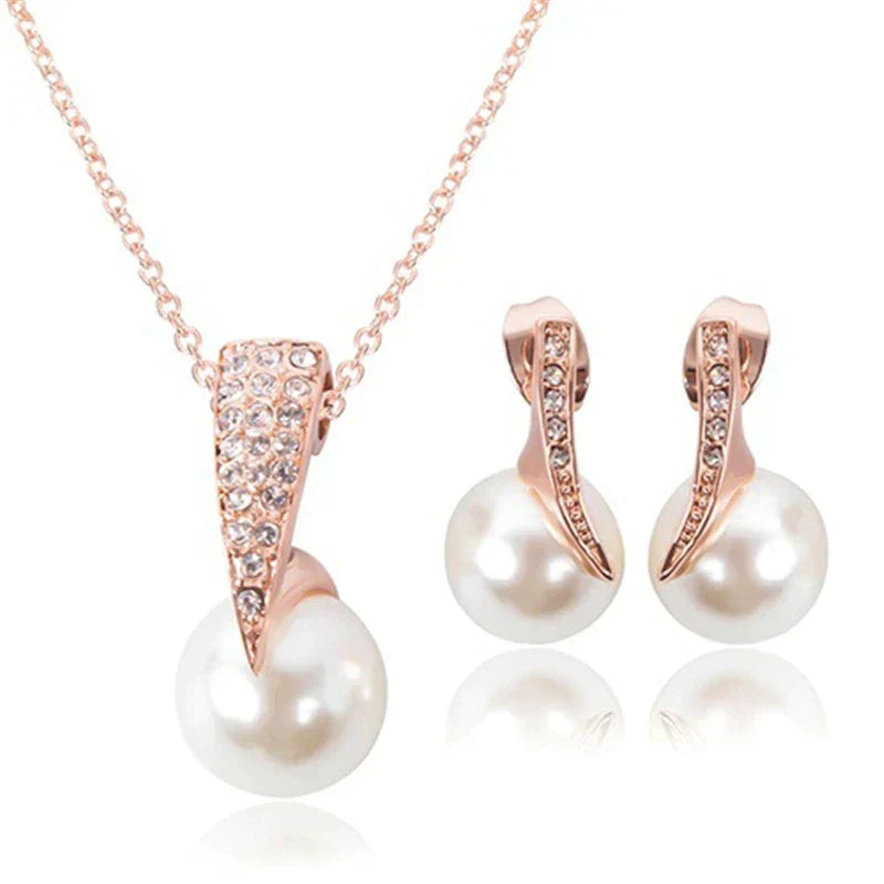 Elegant Rose Gold Pearl Necklace and Earring Set