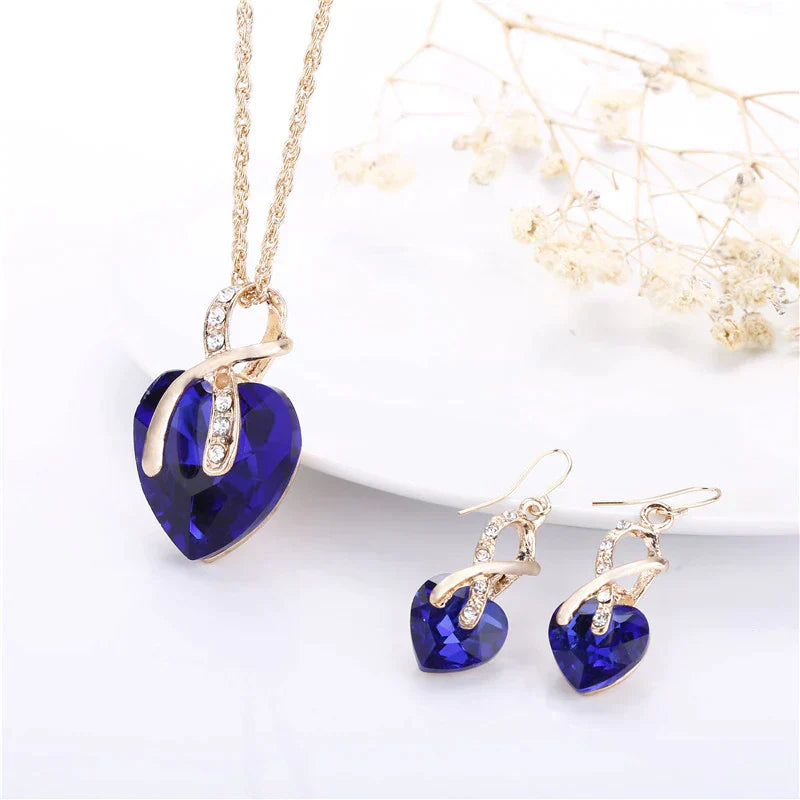Elegant 18K Gold Love Necklace and Earring Set with Sparkling Blue Zircon