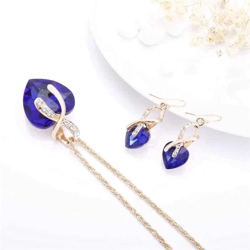 Elegant 18K Gold Love Necklace and Earring Set with Sparkling Blue Zircon