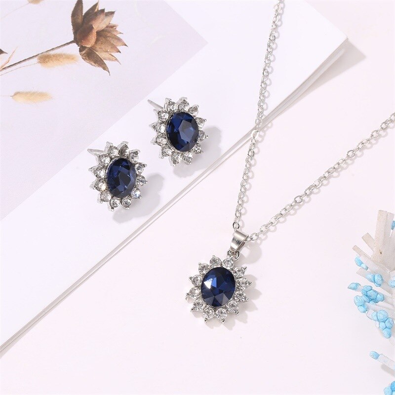 Dazzling Silver Necklace and Earring Set with Sapphire and Zircon