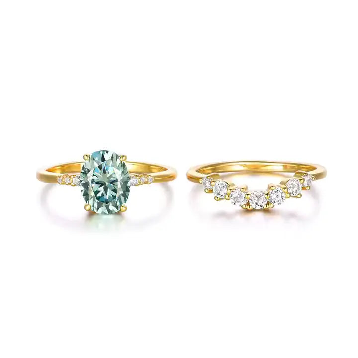 Green Moissanite Gold Plated Ring Set