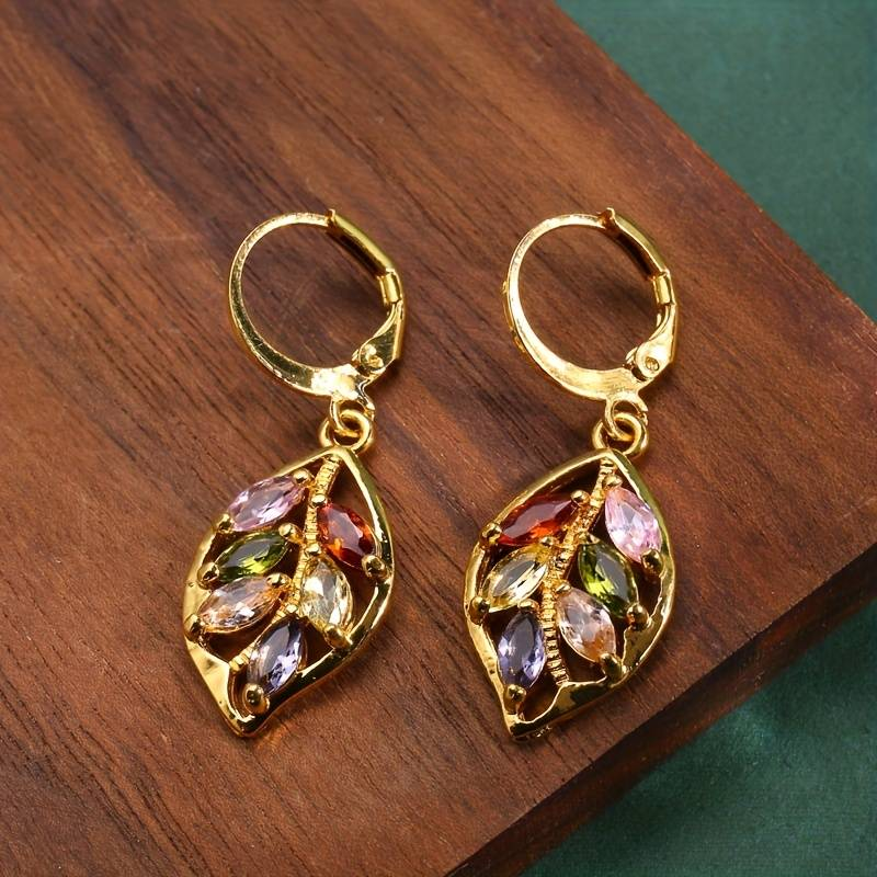 Vintage gold leaf earrings with colored gold leaves and zirconia