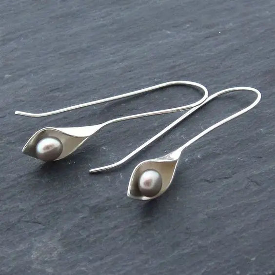 Geometric Silver Pearl Drop Earrings