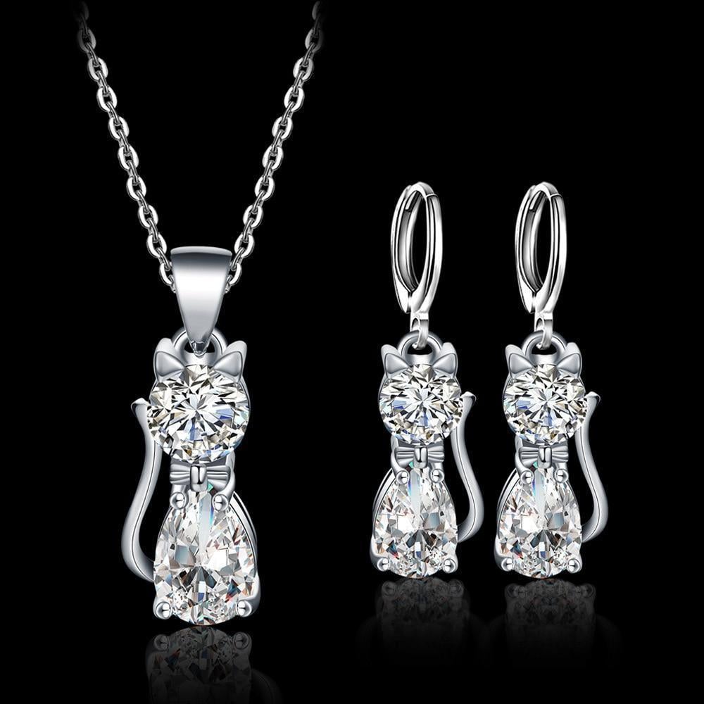Set Necklace + Earrings Happy Cats in Silver and Polished White Zirconium