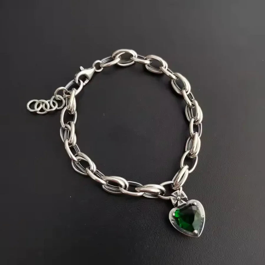 Green Crystal Gemstone Vintage Silver Charm Bracelet